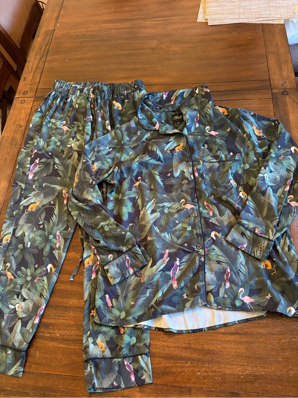 Plush Silky Jungle Print Pajama Set in women’s size Medium.